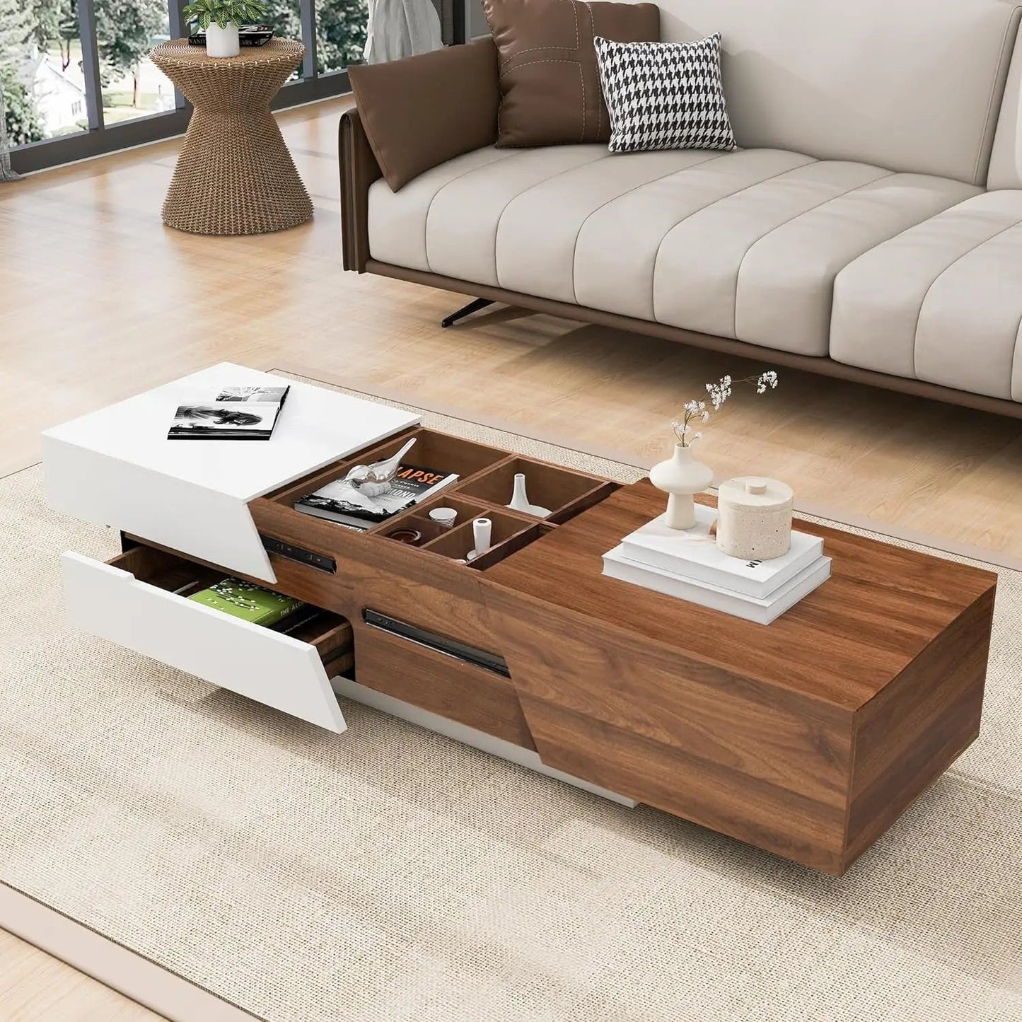 Coffee Table, 26.77 “W with Storage, Modern Retractable Sliding Top with Hidden Compartments, Side Table - HOMELIVING