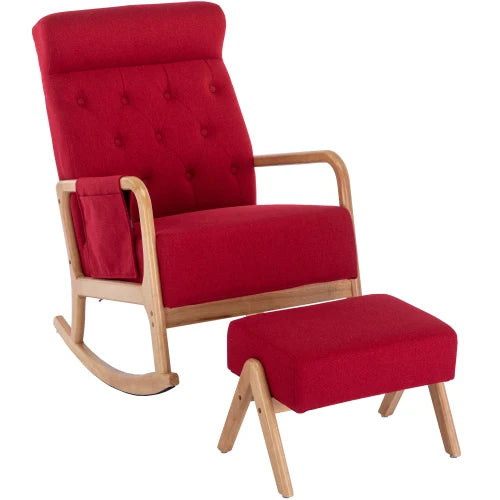 Rocking Chair With Ottoman Mid-Century Modern Upholstered Fabric Rocking Armchair Rocking Chair W/Thick Padded Cushion - HOMELIVING