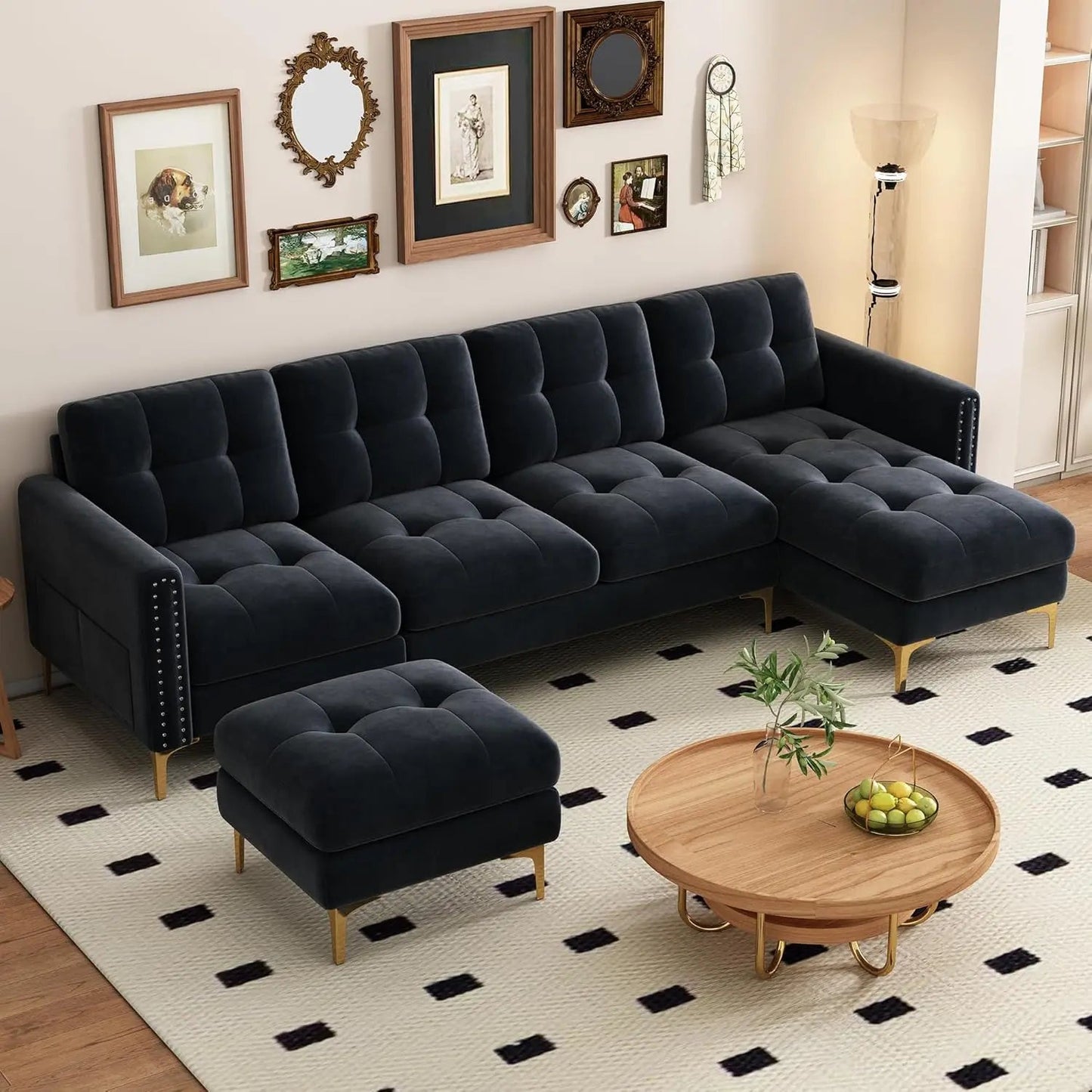 Velvet Modern Large Sectional Sofa, U Shape Upholstered Couch with Chaise, Convertible Sofa Couch with Movable Ottoman - HOMELIVING