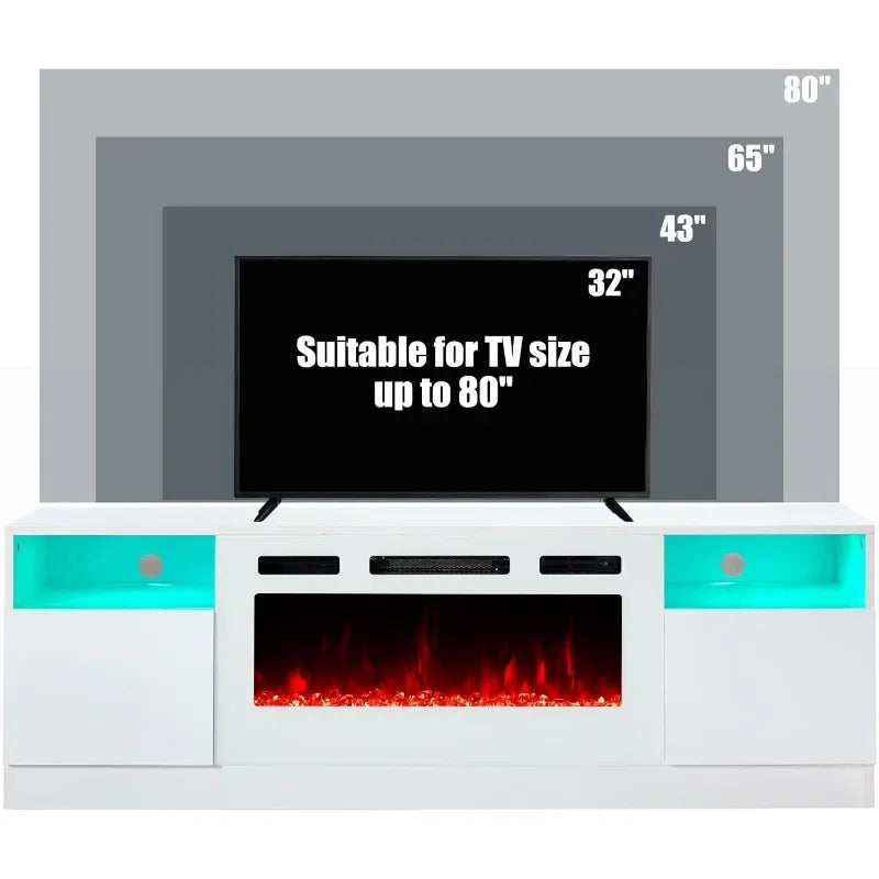 Modern 70" TV Stand with Electric Fireplace & LED Lights