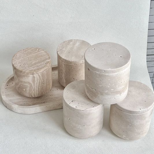 Wabi-Sabi Beige Travertine Candle Jar with Lid