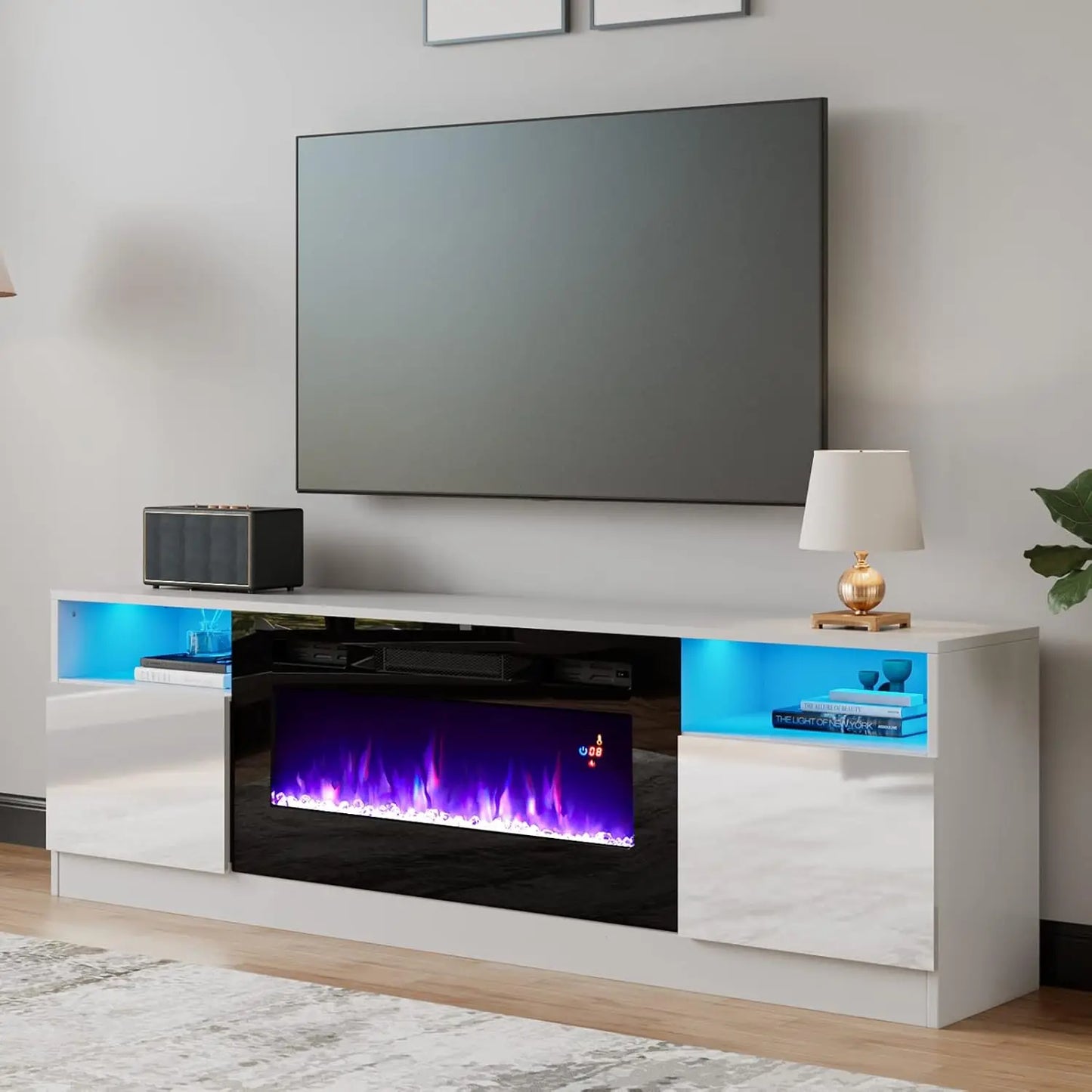 Modern 70" TV Stand with Electric Fireplace & LED Lights