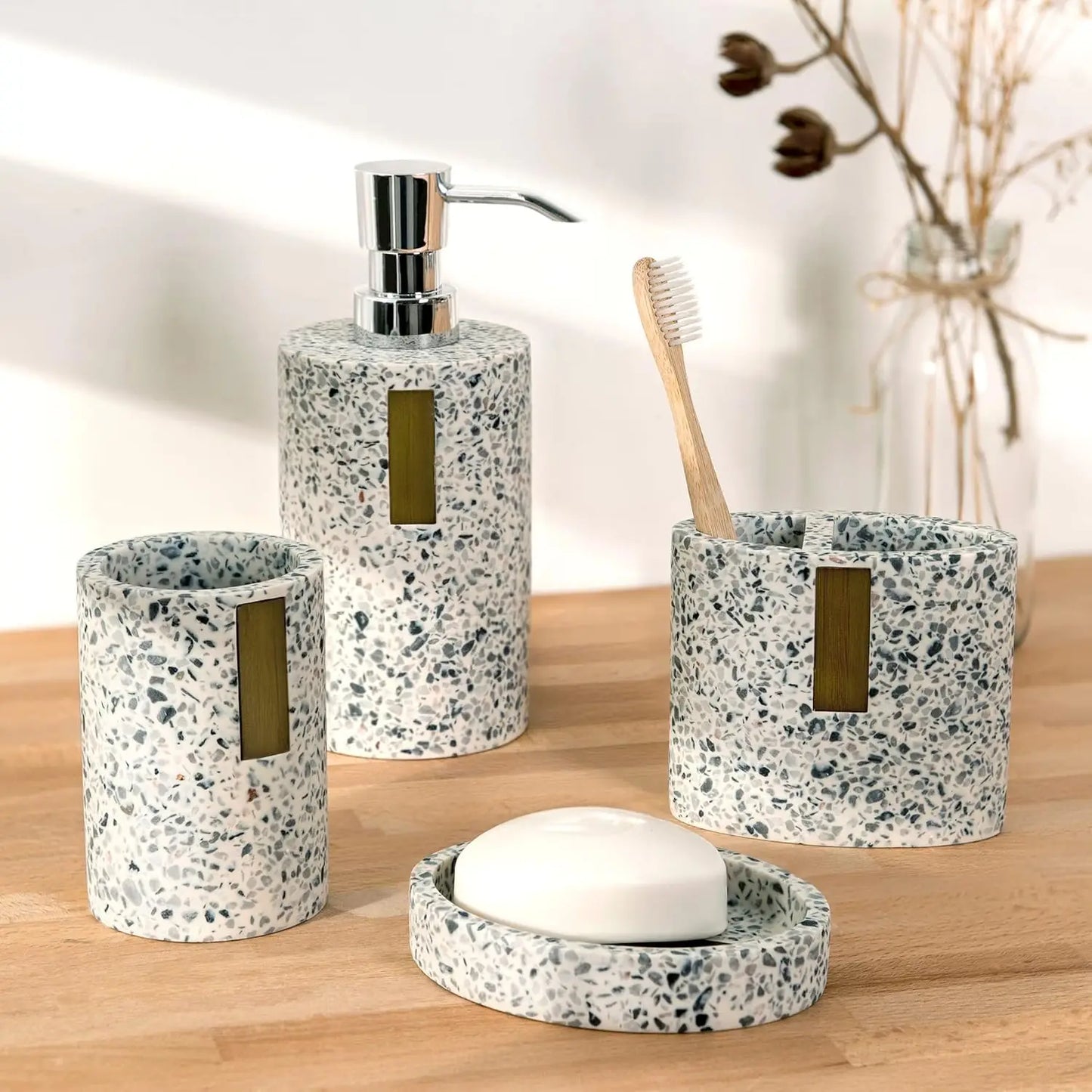Lerrazzo 4-Piece Resin and Bamboo Bathroom Accessory Set