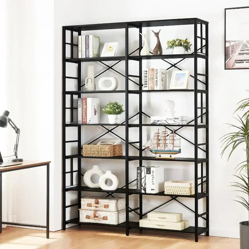 84" Tall Double Wide 7-Tier Bookshelf - Metal Open Display Shelves