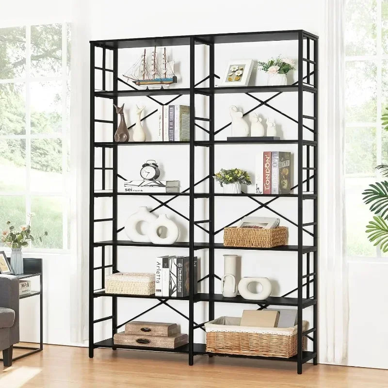 84" Tall Double Wide 7-Tier Bookshelf - Metal Open Display Shelves