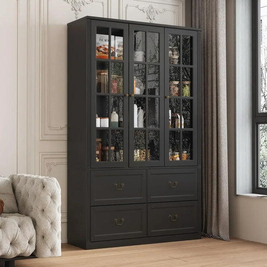 78.7" H Modern Bookcase with 8 Shelves, 4 Drawers & Glass Doors