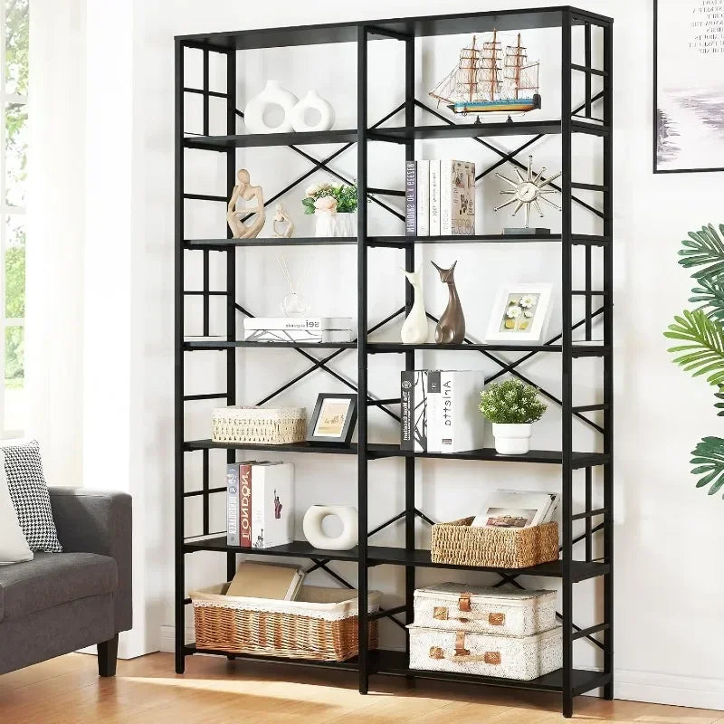 84" Tall Double Wide 7-Tier Bookshelf - Metal Open Display Shelves