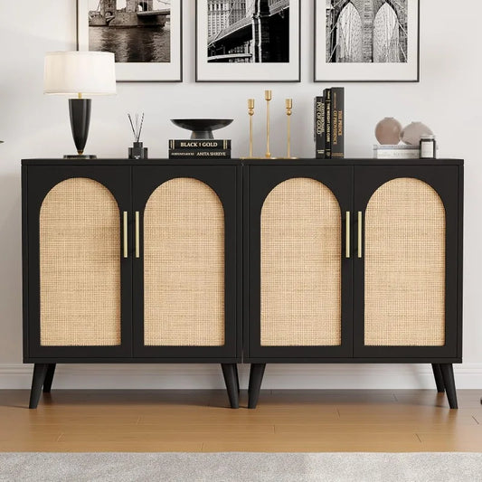 Set of 2 Rattan Storage Cabinets with Doors