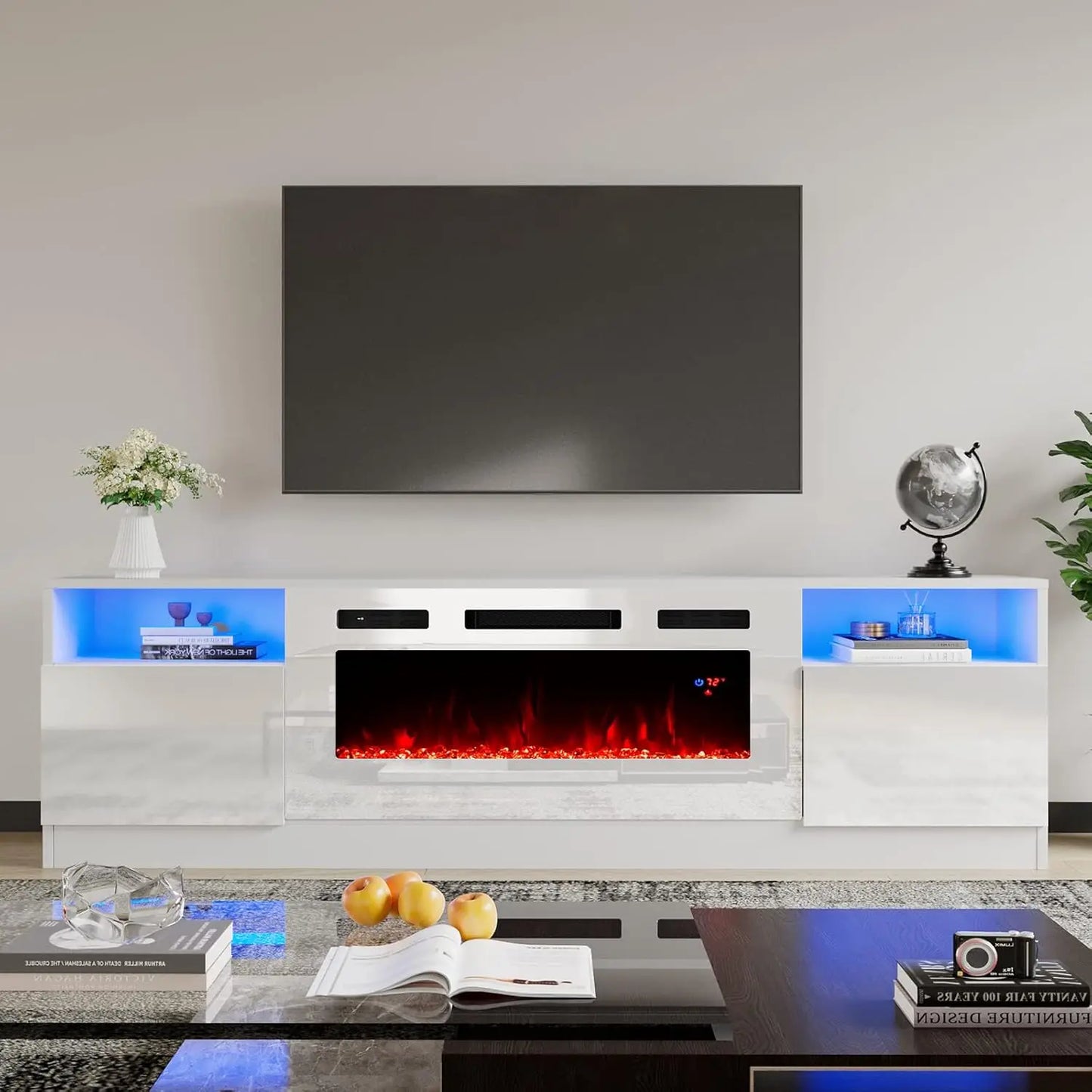 Modern 70" TV Stand with Electric Fireplace & LED Lights