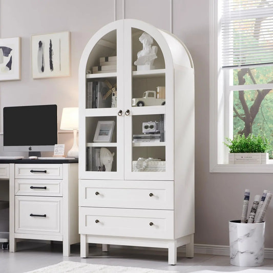 71" Tall Arched Bookshelf with Glass Doors and Drawers