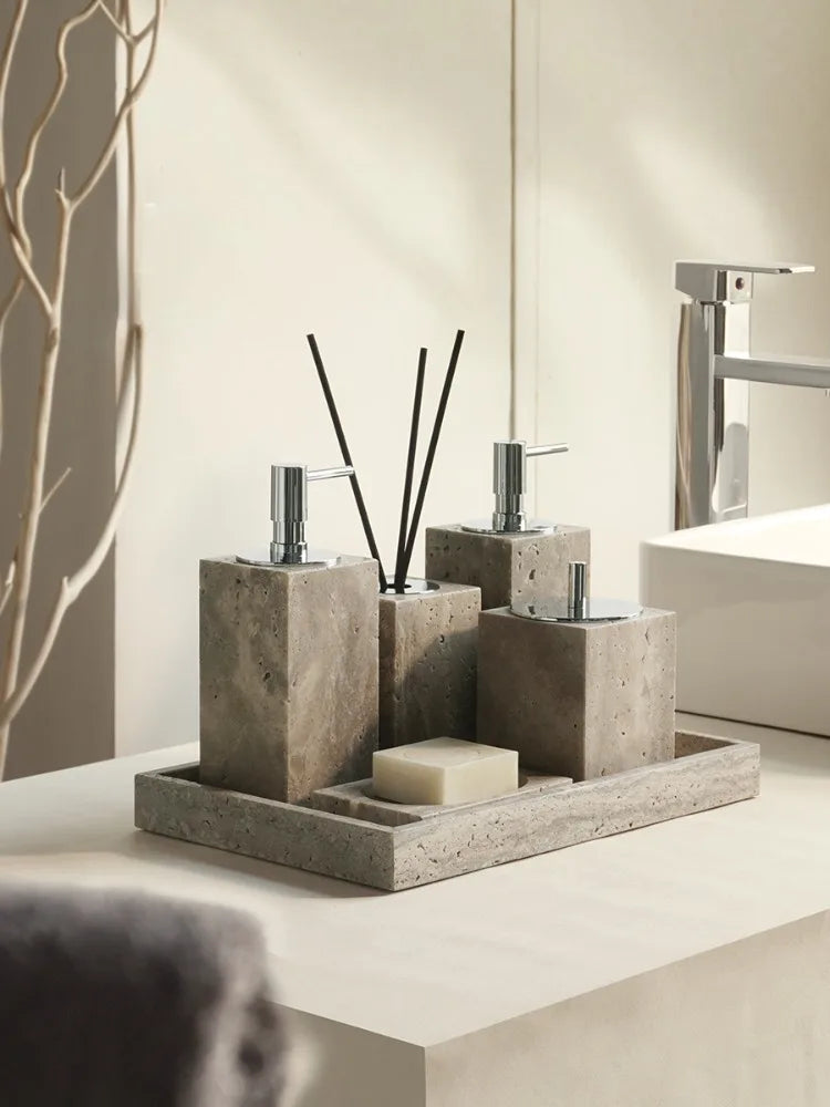 Wabi-Sabi Natural Silver Ash Cave Stone Bathroom Accessories Set