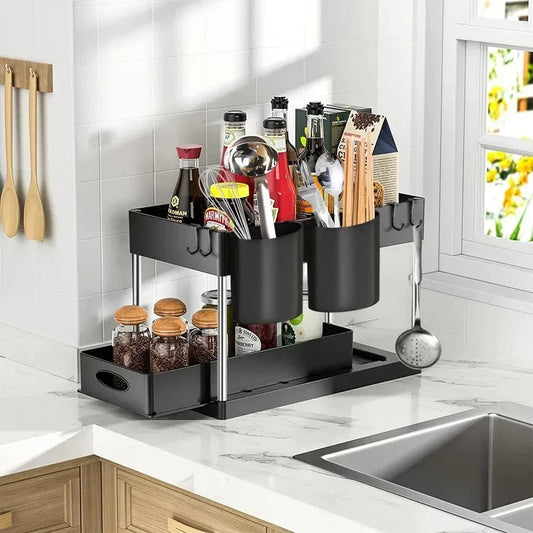 2 Tier Sliding Under Sink Organizer with Hooks
