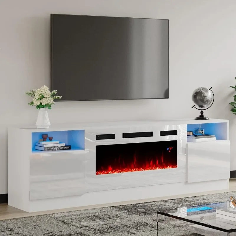 Modern 70" TV Stand with Electric Fireplace & LED Lights