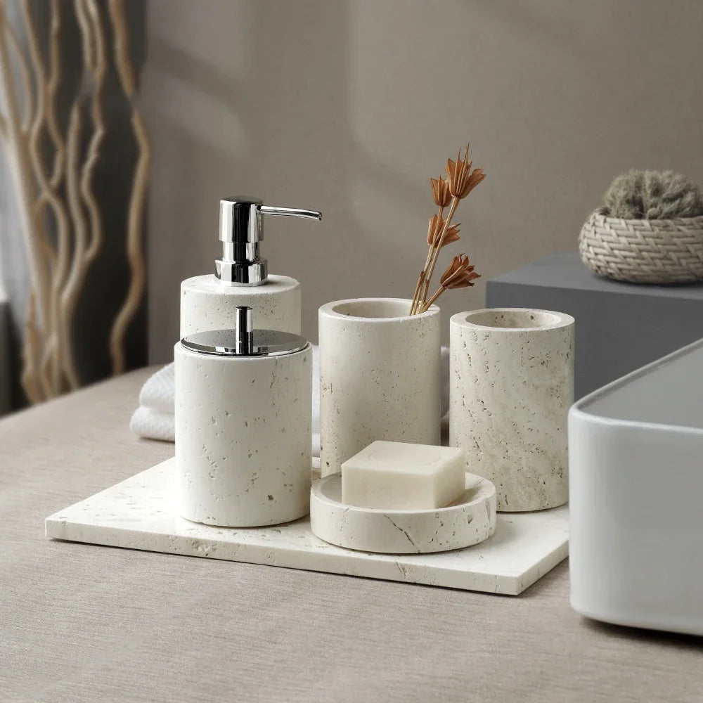 Beige Travertine Bathroom Set - Natural Marble Stone Accessories