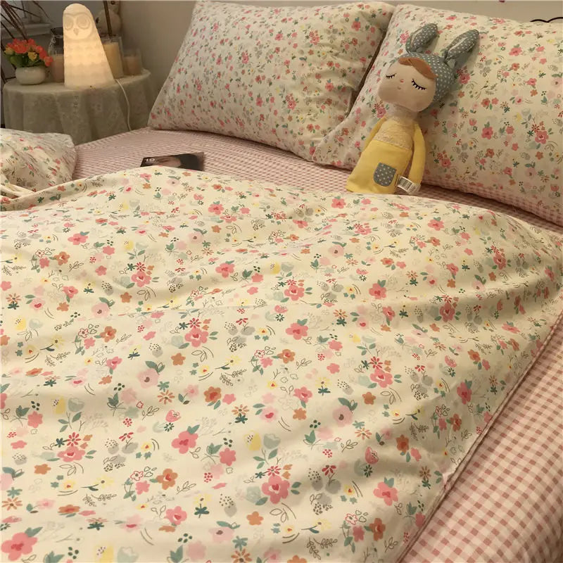 Ins Pink Flowers Bedding Set Fashion Flat Sheet Duvet Cover No Filling Pillowcase Twin Full Queen Nordic Boy Girl Bed Linen - HOMELIVING
