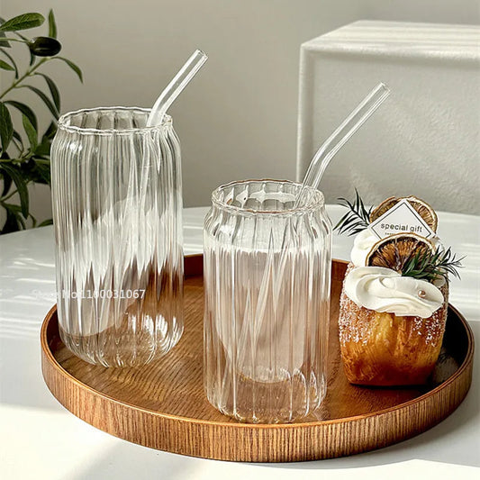 400/500ml Stripes Transparent Drinking Coffee Glass Cup with Lip Straws Wine Milk Beer Cola Juice Cold Drinkware Handmade Can - HOMELIVING