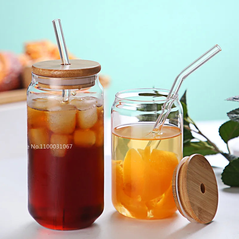 400/500ml Stripes Transparent Drinking Coffee Glass Cup with Lip Straws Wine Milk Beer Cola Juice Cold Drinkware Handmade Can - HOMELIVING