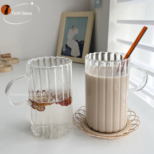 Stripe Glass Mug Creative Large Milk Juice Water Coffee Cup with Handle Transparent Mug Dessert Oatmeal Breakfast Cup - HOMELIVING