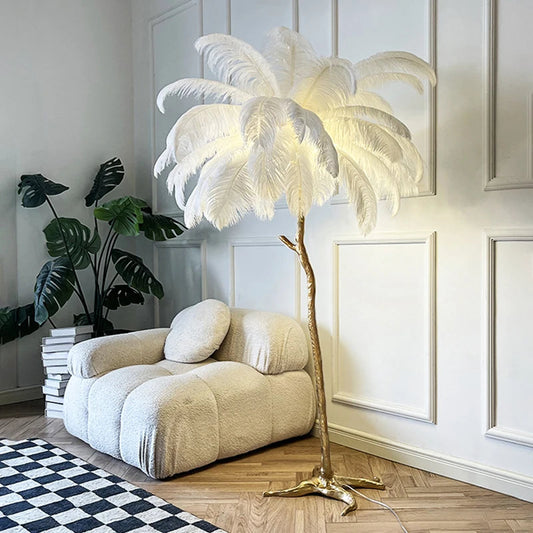 Nordic Ostrich Feather Led Floor Lamp Resin Copper Living Room Home Decor Standing Light Indoor Lighting Bedroom Bedside Light - HOMELIVING