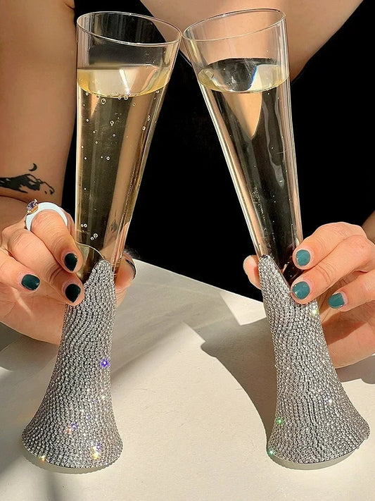 Diamond Women's Champagne mug Set with Diamond Crystal Glass High Leg Wine Cup Drink Cup Gift Wine Glass Beautiful Cups 150ml - HOMELIVING