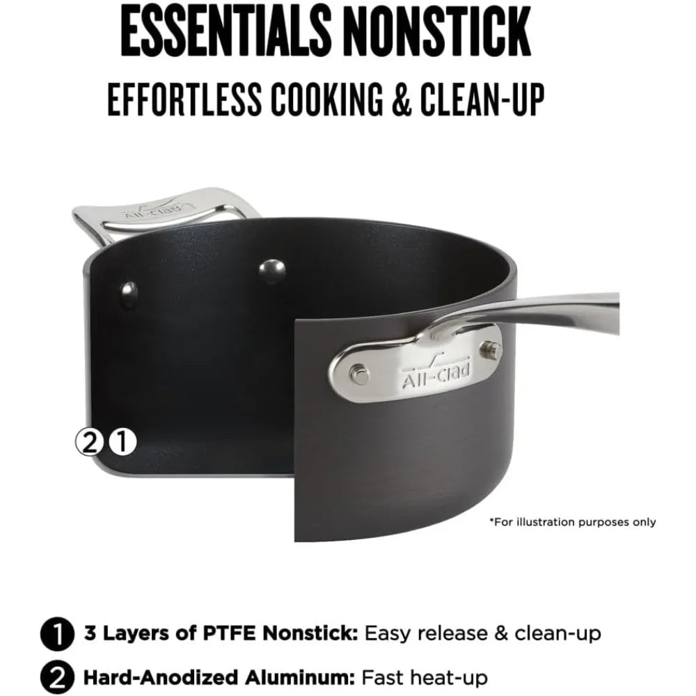 Essentials Hard Anodized Nonstick Sauce Pan Set 4 Piece, 2.5, 4 Quart Oven Broiler Safe 500F Pots and Pans, Cookware Black - HOMELIVING