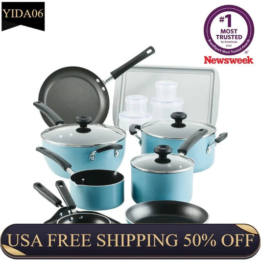 Farberware Easy Clean Aluminum Nonstick 20 Pc. Cookware Pots and Pans Set, Aqua  non stick cooking pot set - HOMELIVING