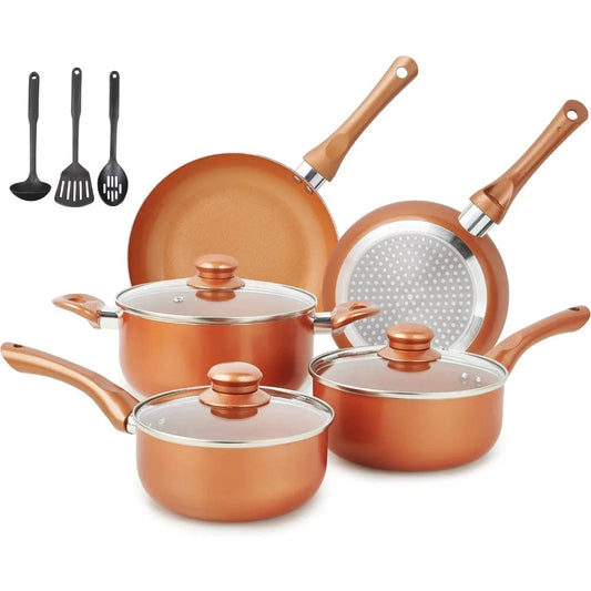Pots and Pans Set Ultra Nonstick, Pre-Installed 11pcs Cookware Set Copper with Ceramic Coating, Stay cool handle - HOMELIVING