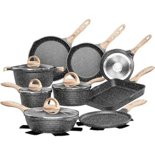 Pots and Pans Set Nonstick 23pcs, Induction Cooking Set W/Gray Granite Stone Frying Pans, Saucepans, Sauté Pan More, Cookware - HOMELIVING