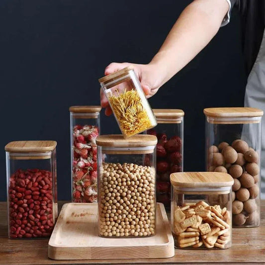 Squared Transparent Glass Food Storage Jar With Lid  Tea Coffee Beans Container Snack Nuts Sealed Box Kitchen Organizer - HOMELIVING