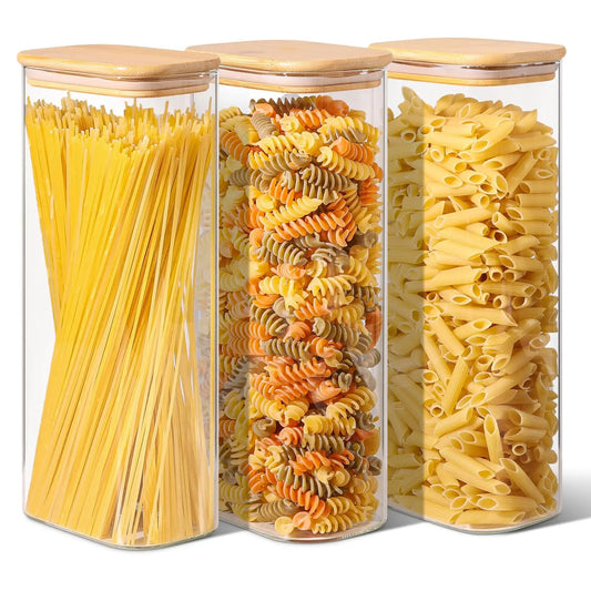 Kitchen Rectangle Clear Storage Jars with Bamboo Lids For Sugar Coffee Pantry Organizer Container for Pasta Tea Candy Nuts - HOMELIVING