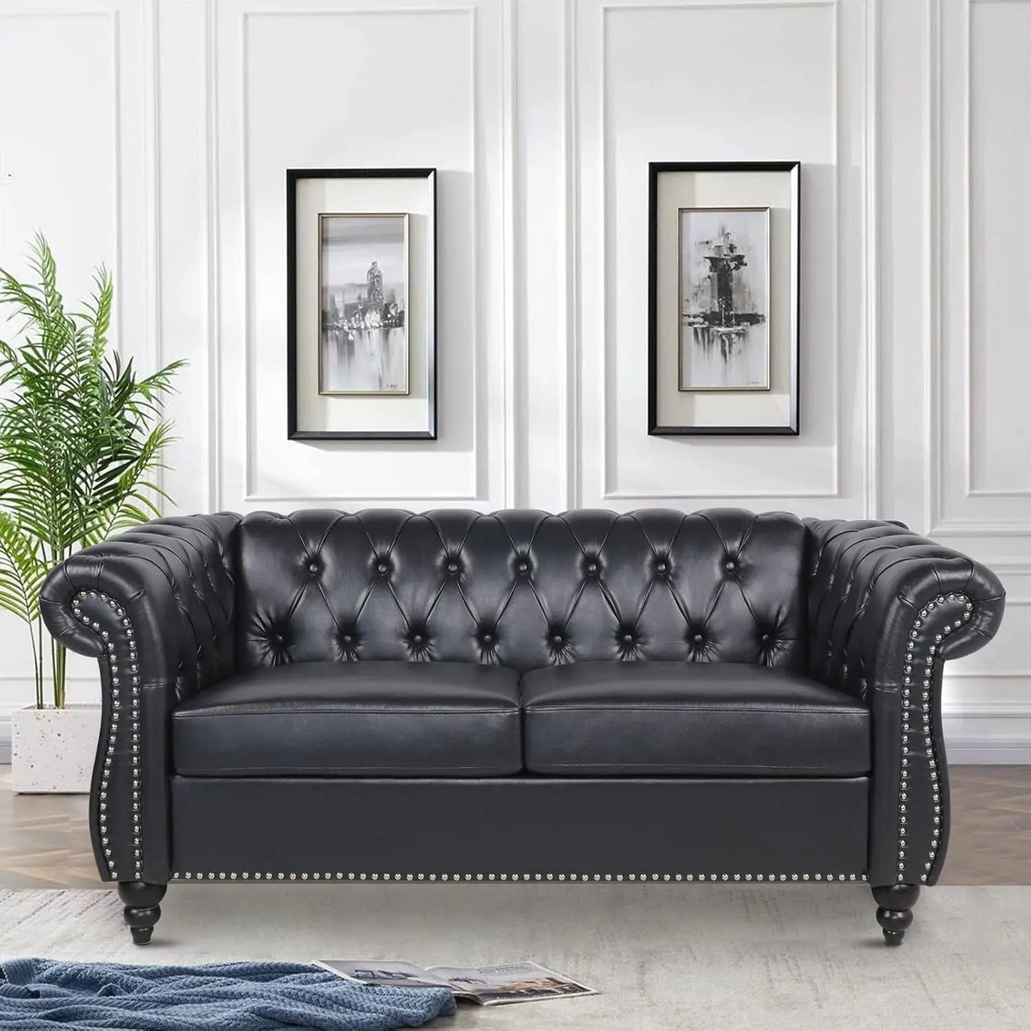 Chesterfield Loveseat Leather, Modern Upholstered Tufted Couch 2 Seater with Rolled Arms and Nailhead - HOMELIVING