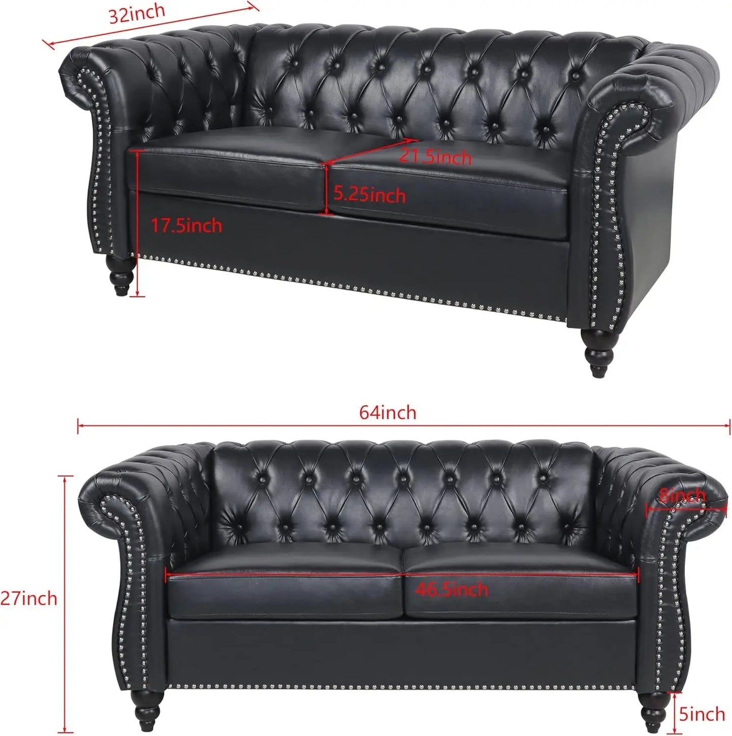 Chesterfield Loveseat Leather, Modern Upholstered Tufted Couch 2 Seater with Rolled Arms and Nailhead - HOMELIVING