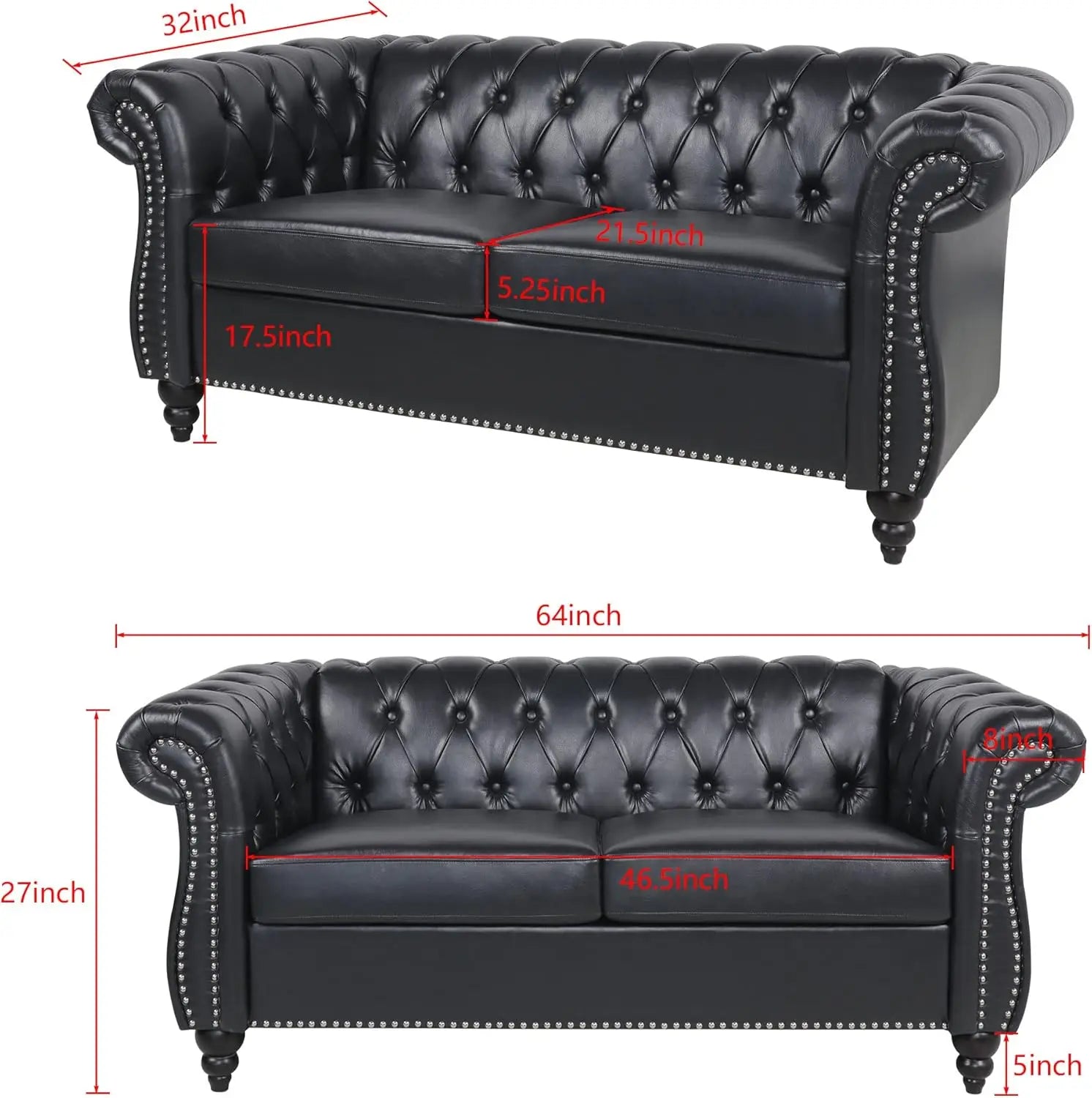 Chesterfield Loveseat Leather, Modern Upholstered Tufted Couch 2 Seater with Rolled Arms and Nailhead - HOMELIVING