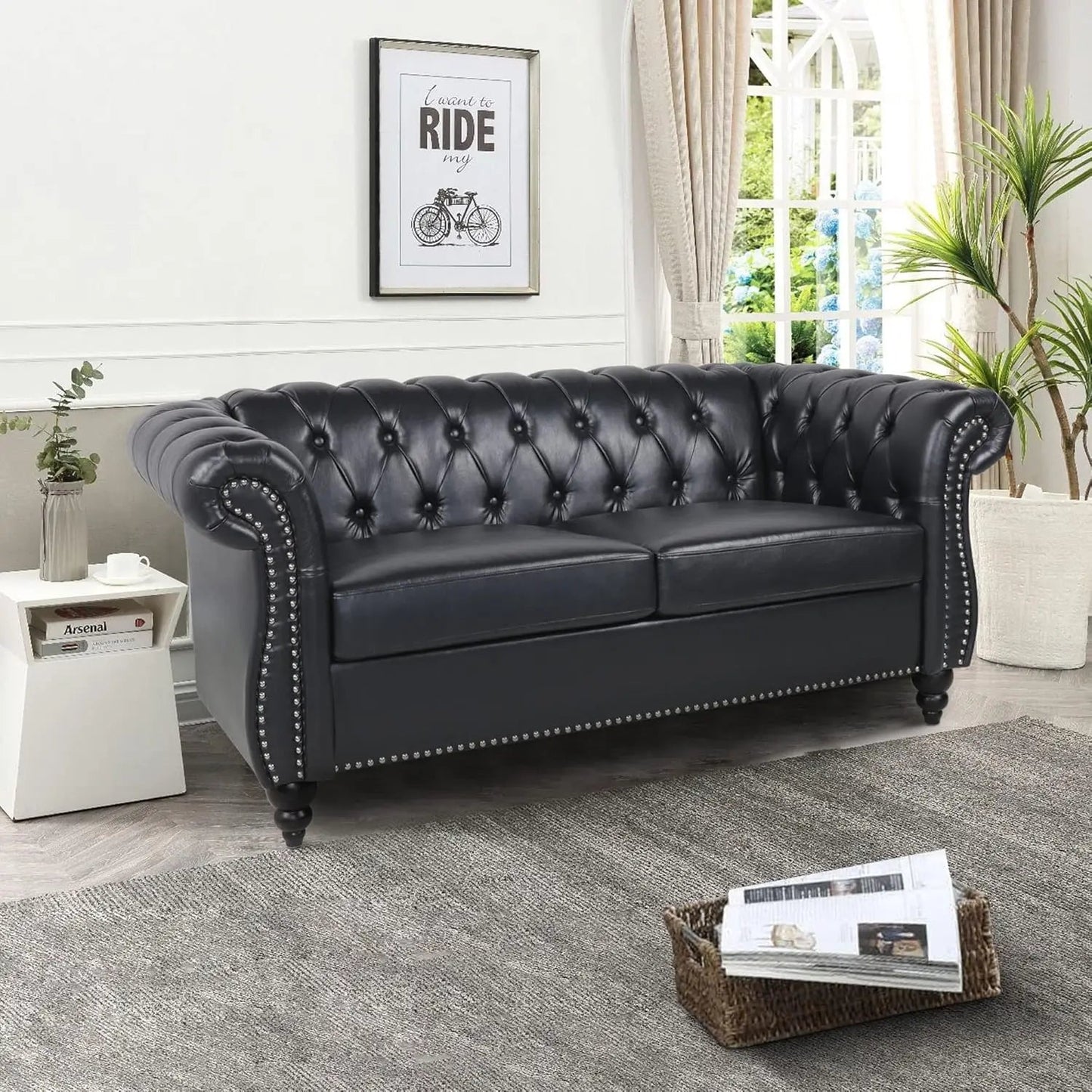 Chesterfield Loveseat Leather, Modern Upholstered Tufted Couch 2 Seater with Rolled Arms and Nailhead - HOMELIVING