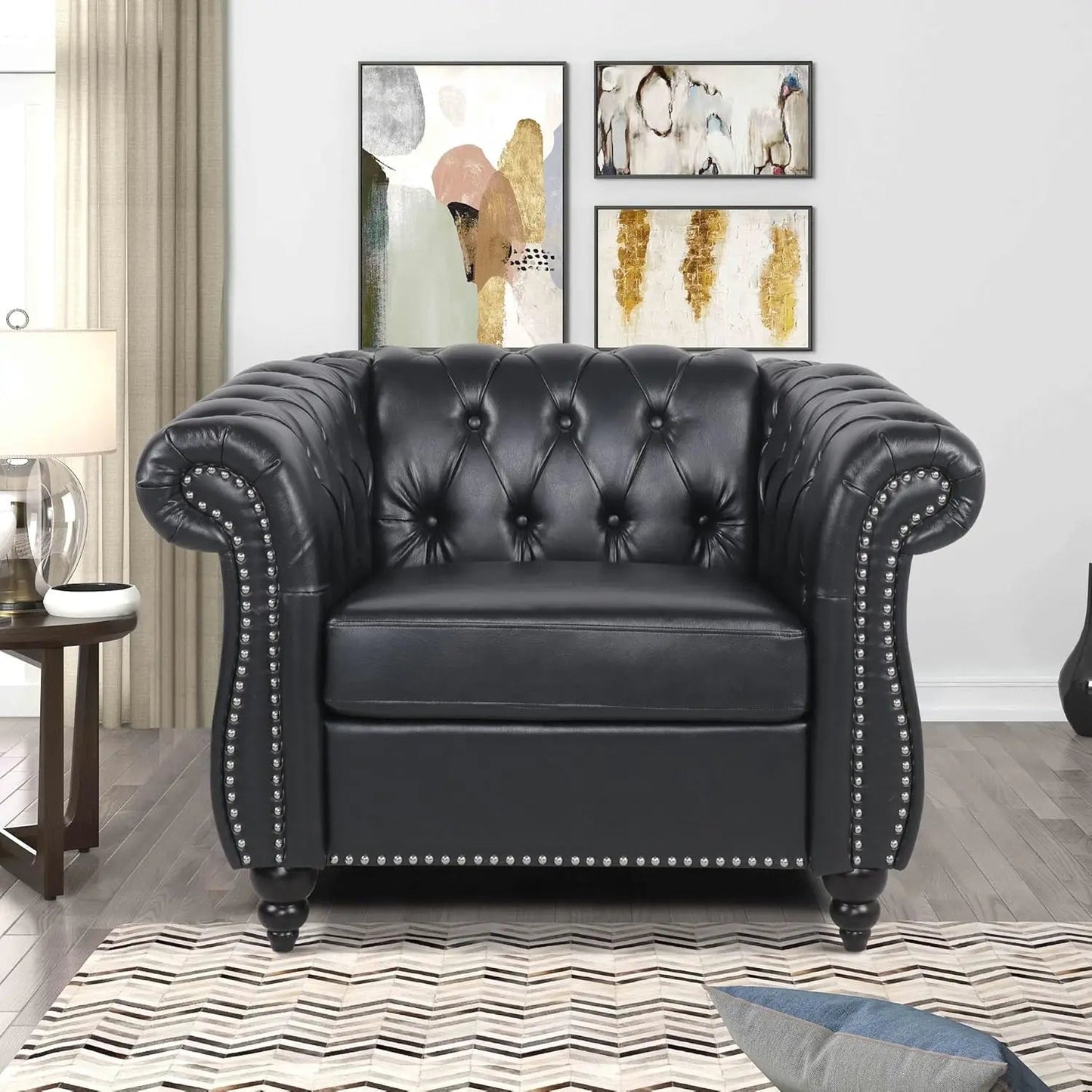 Chesterfield Loveseat Leather, Modern Upholstered Tufted Couch 2 Seater with Rolled Arms and Nailhead - HOMELIVING
