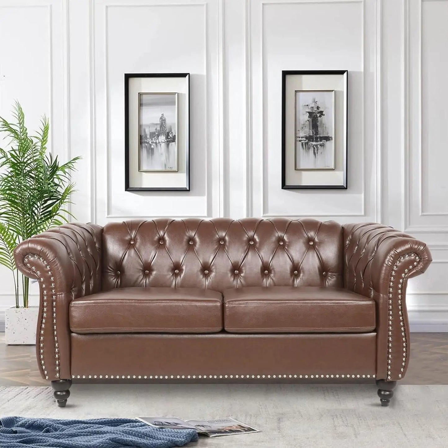 Chesterfield Loveseat Leather, Modern Upholstered Tufted Couch 2 Seater with Rolled Arms and Nailhead - HOMELIVING
