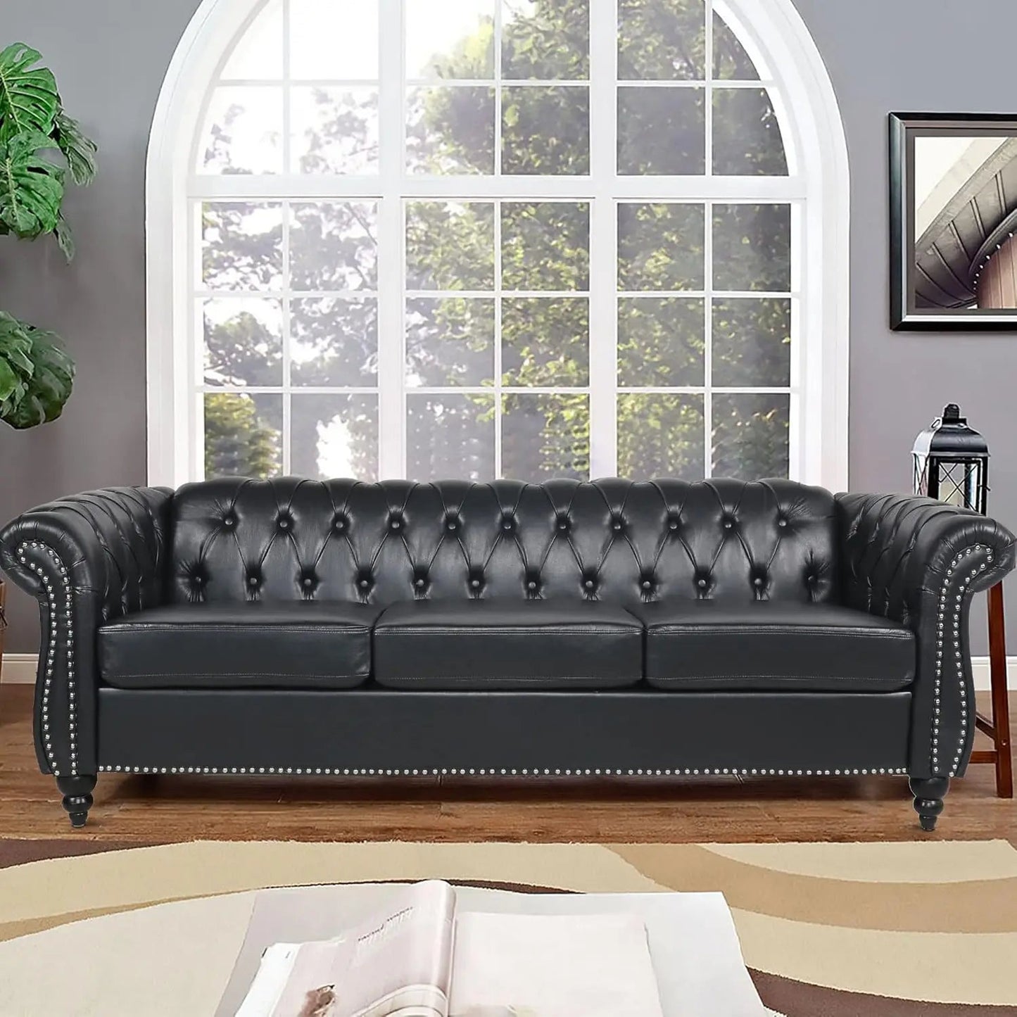 Chesterfield Loveseat Leather, Modern Upholstered Tufted Couch 2 Seater with Rolled Arms and Nailhead - HOMELIVING
