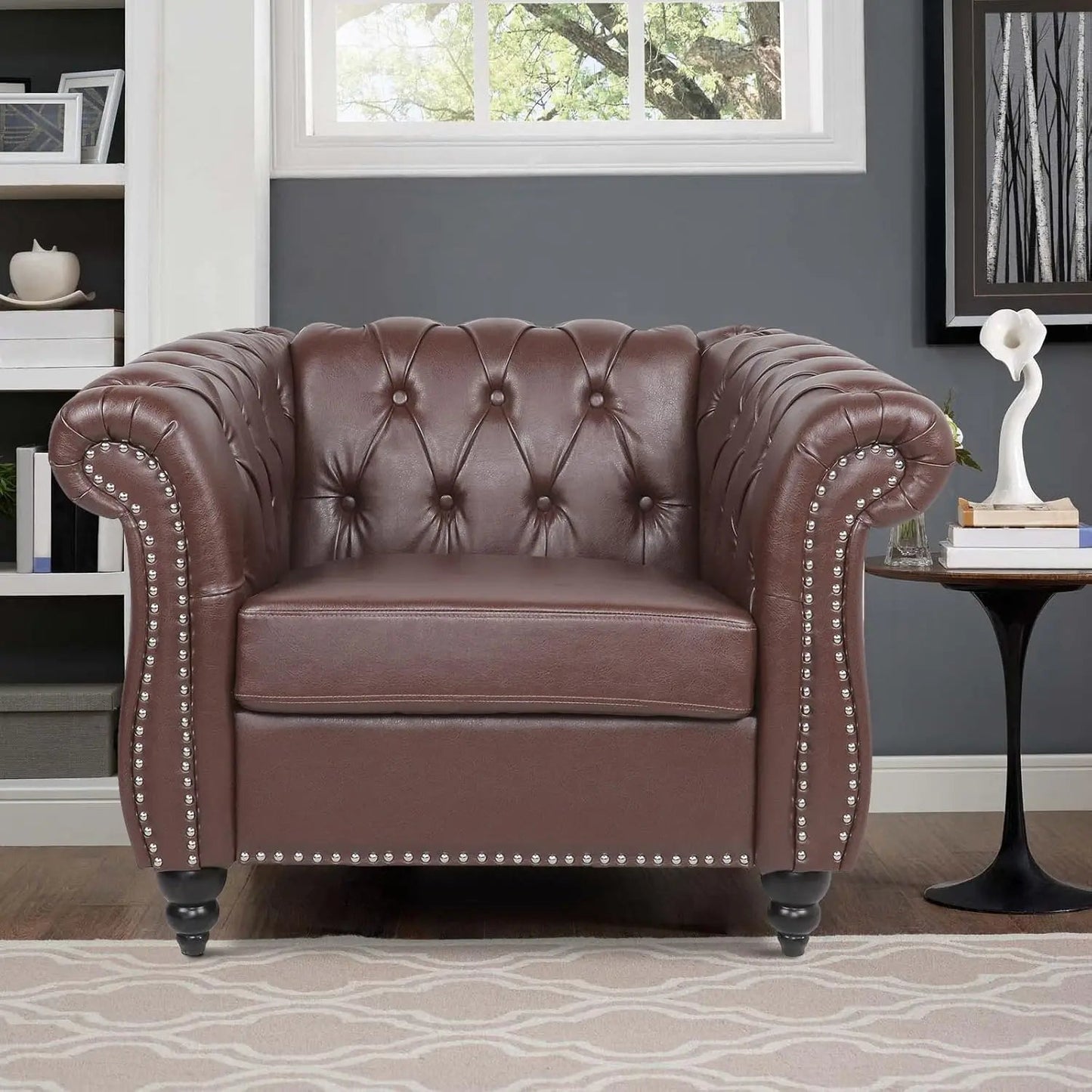 Chesterfield Loveseat Leather, Modern Upholstered Tufted Couch 2 Seater with Rolled Arms and Nailhead - HOMELIVING