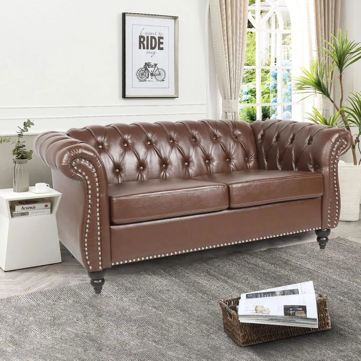 Chesterfield Loveseat Leather, Modern Upholstered Tufted Couch 2 Seater with Rolled Arms and Nailhead - HOMELIVING