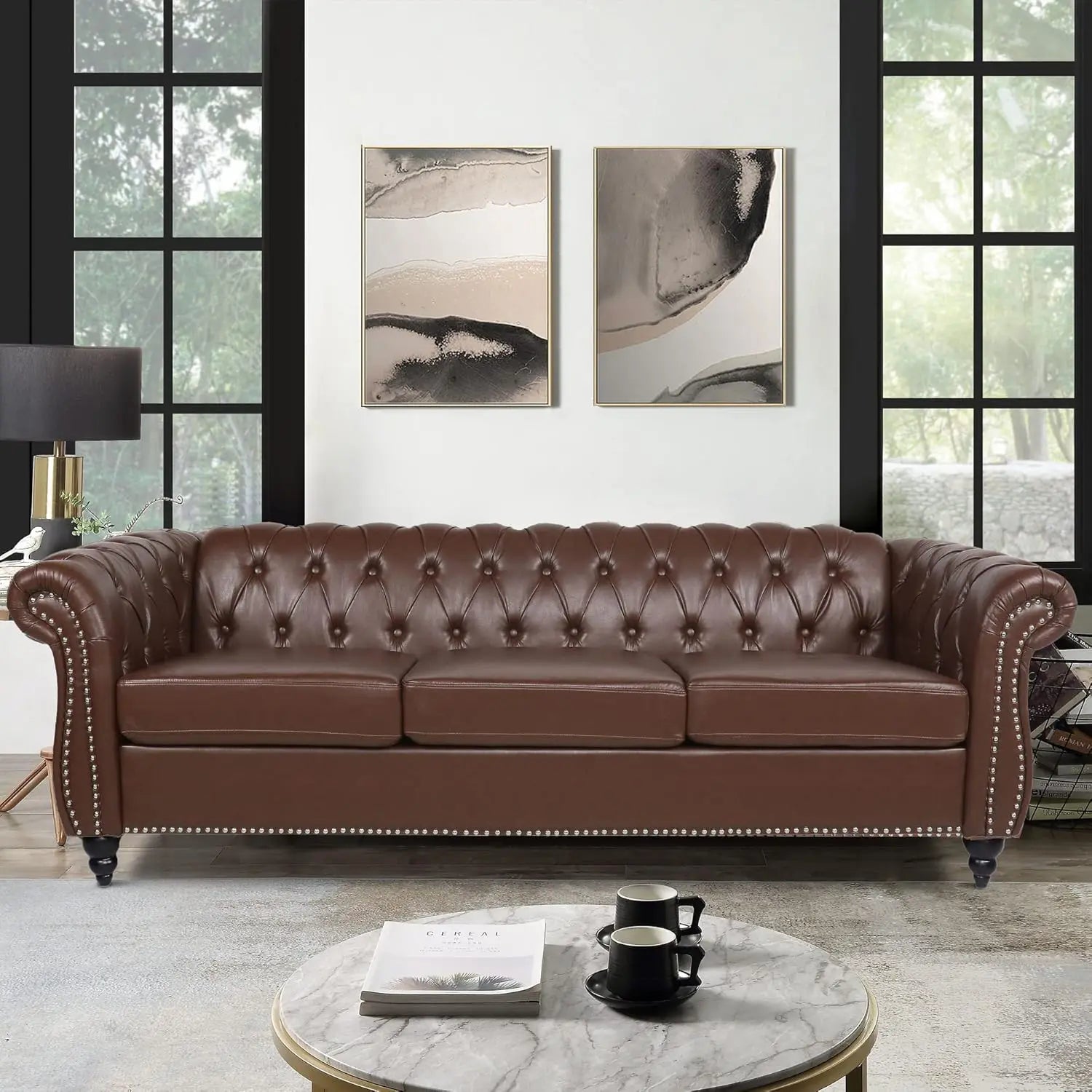 Chesterfield Loveseat Leather, Modern Upholstered Tufted Couch 2 Seater with Rolled Arms and Nailhead - HOMELIVING