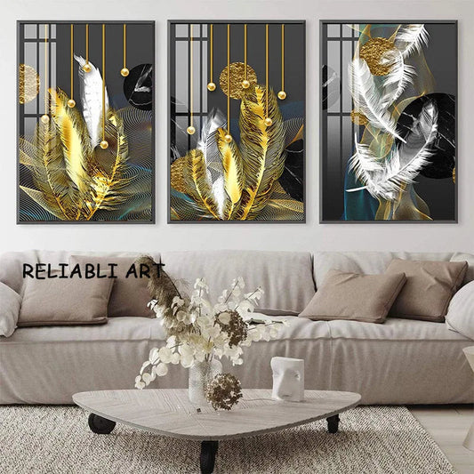 Abstract Golden Line Feather Canvas Painting 3 Panels Light Luxury Poster and Prints Wall Art Living Room Home Decor No Frame - HOMELIVING
