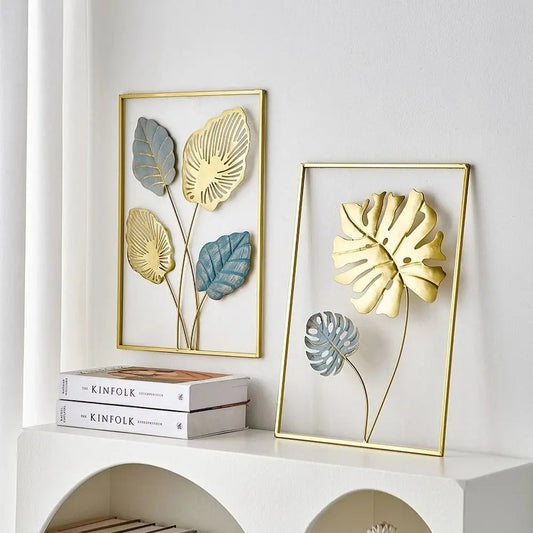 Nordic Home Wall Decor Macrame Wall Hanging Decor Metal Round Gold Ginkgo Leaf Wall Stickers Decoration Decorative Wall Ledges - HOMELIVING