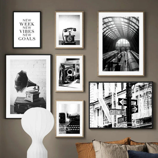 Black White Retro Camera Gramophone Phone Wall Art PaintingCanvas  Nordic Posters And Prints Wall Pictures For Living Room Decor - HOMELIVING