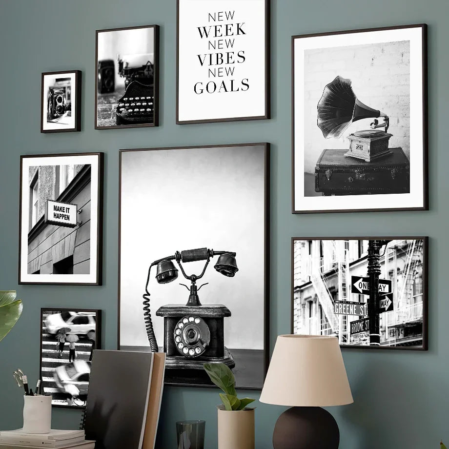 Black White Retro Camera Gramophone Phone Wall Art PaintingCanvas  Nordic Posters And Prints Wall Pictures For Living Room Decor - HOMELIVING