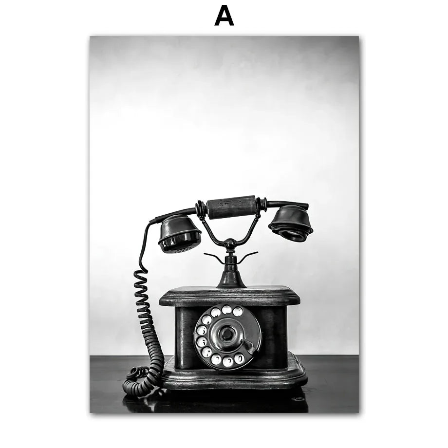 Black White Retro Camera Gramophone Phone Wall Art PaintingCanvas  Nordic Posters And Prints Wall Pictures For Living Room Decor - HOMELIVING