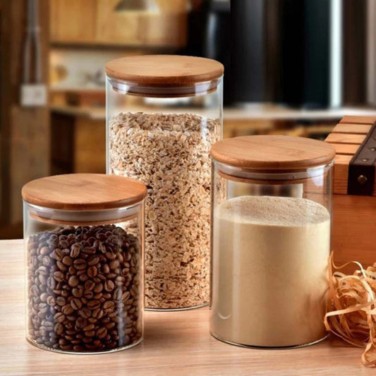 Round Glass Storage Jars With Bamboo Lid For Coffee Beans Grains Noodles Food Storage Containers Kitchen Organizers Storage - HOMELIVING