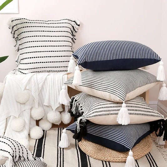 Boho Black & White Cotton Linen Tassel Cushion Cover 30x50cm 45x45cm