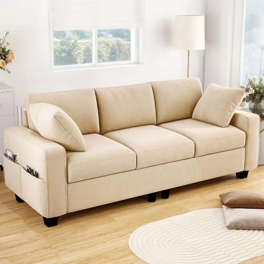 Comfy Upholstered Sofa Couch , Modern 3-Seater Couch Sleeper with Side Pocket, Loveseat for Living Room Apartment Office - HOMELIVING