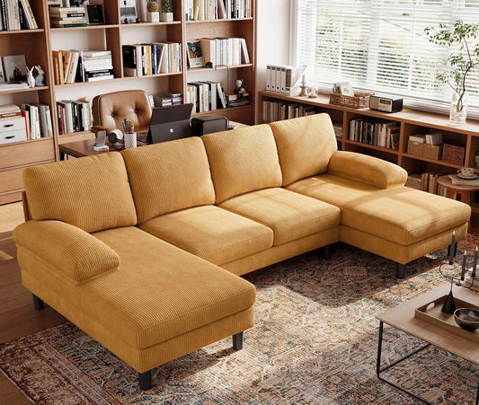 Convertible Sectional Couch, Corduroy U-shaped Sofa Couch w/ Double Chaises and Sleepable Armrests, 4-Seat Deep Sofa Set, Yellow - HOMELIVING