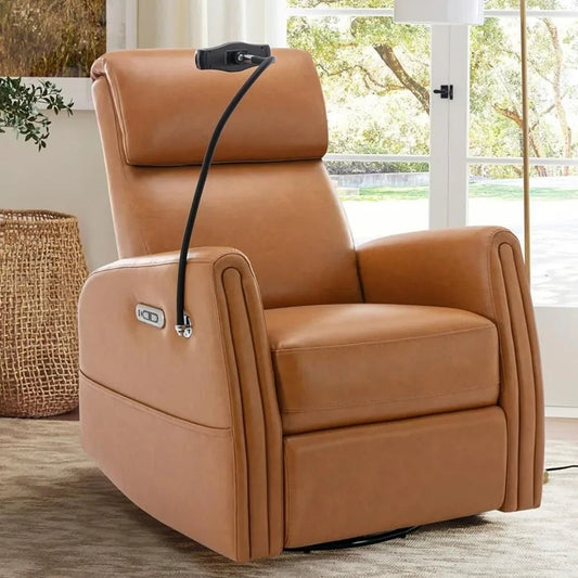 Recliner rotary glider with detachable phone and iPad holder, Type-C charging port, PU leather tilt stick recliner - HOMELIVING